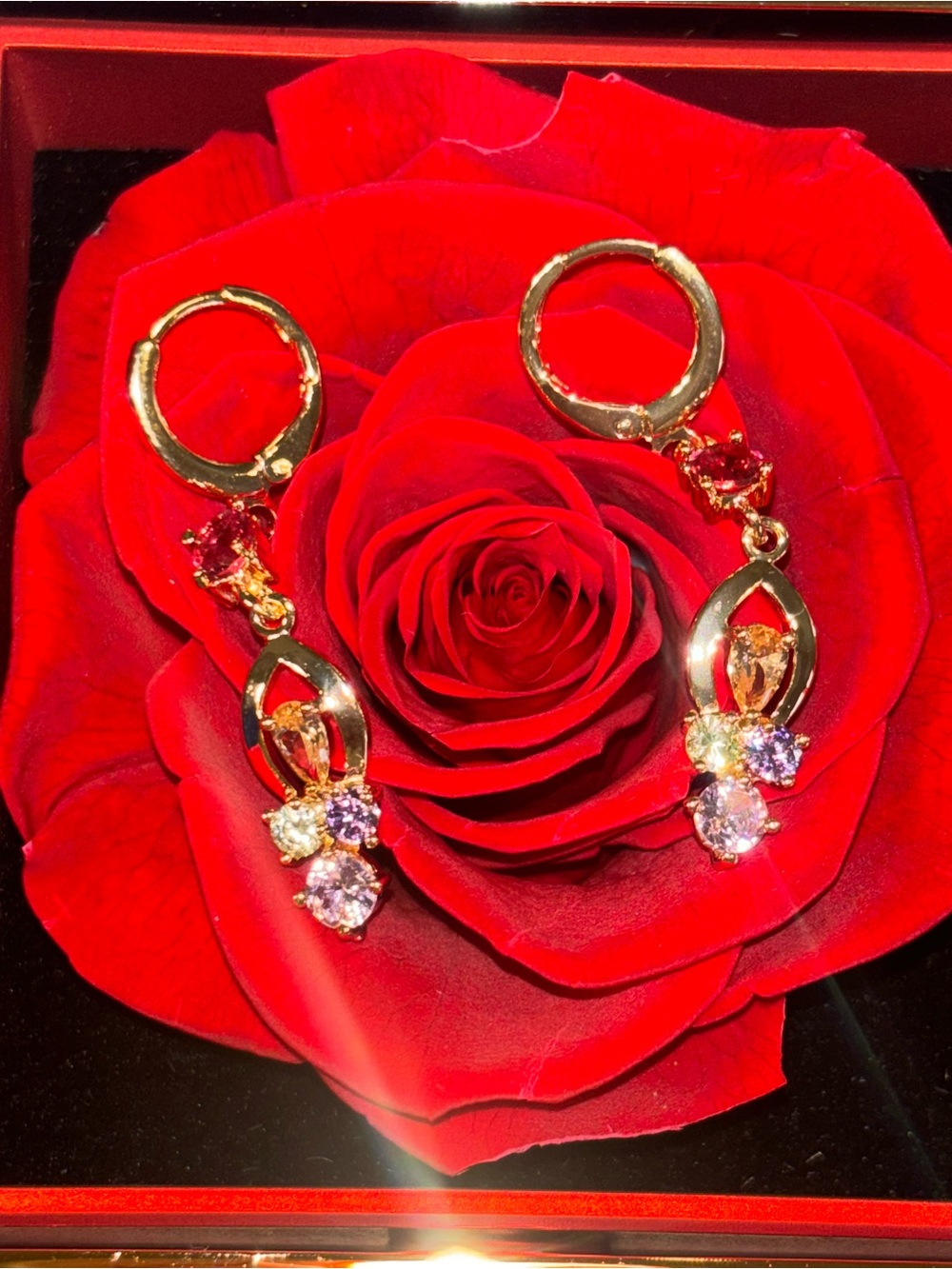 Gold-Tone Multi-Gem Drop Earrings in Red and Pink